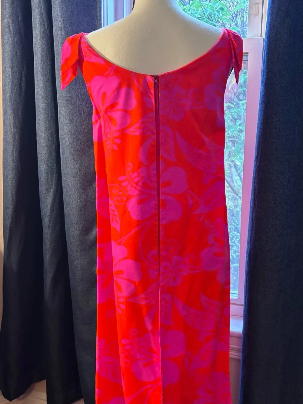 Vintage Vibrant Pink and Orange Floral Midi Dress w/Tie-Shoulder Detail -Size 8